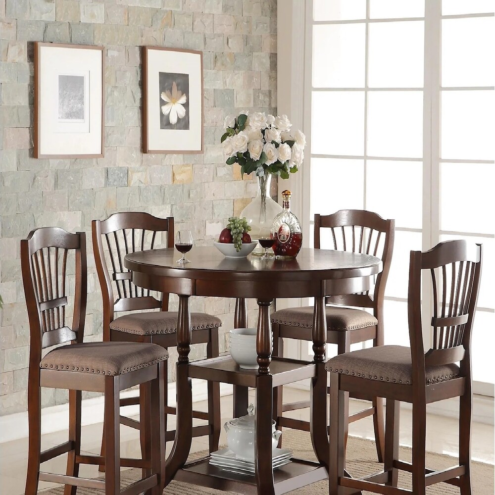 GTU Furniture 5 Piece Expresso Wooden Counter Height Dining Set with Round Table and 4 Fabric Seat Chairs