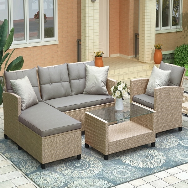 Living room，Outdoor，Patio Furniture Sets，4 Piece Conversation Set Wicker Ratten Sectional Sofa with Seat Cushions