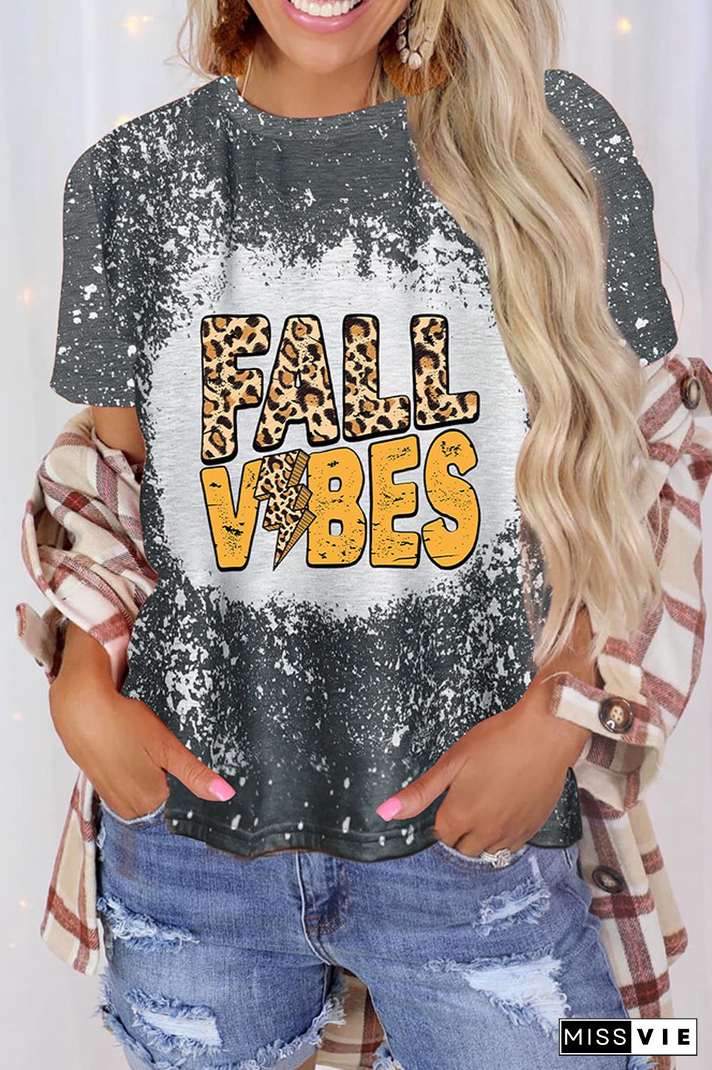 FALL Vibes Leopard Bleached Graphic Tee