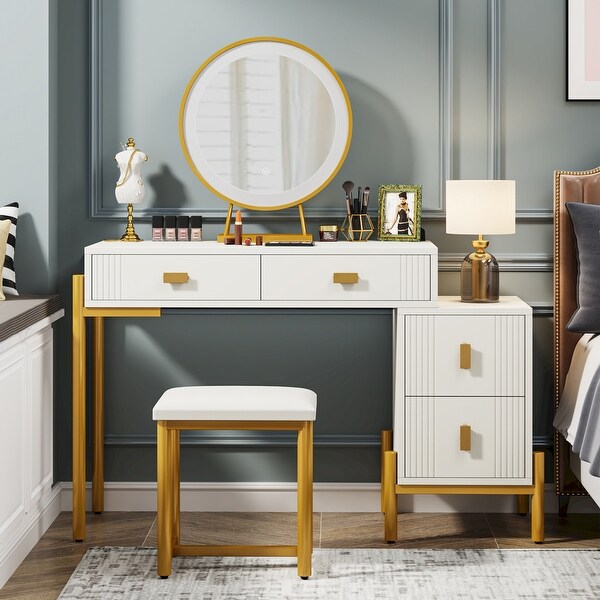 White Gold Vanity Desk with Lights and Mirror， Makup Vanity with Chair and Storage Cabinet - - 37839004