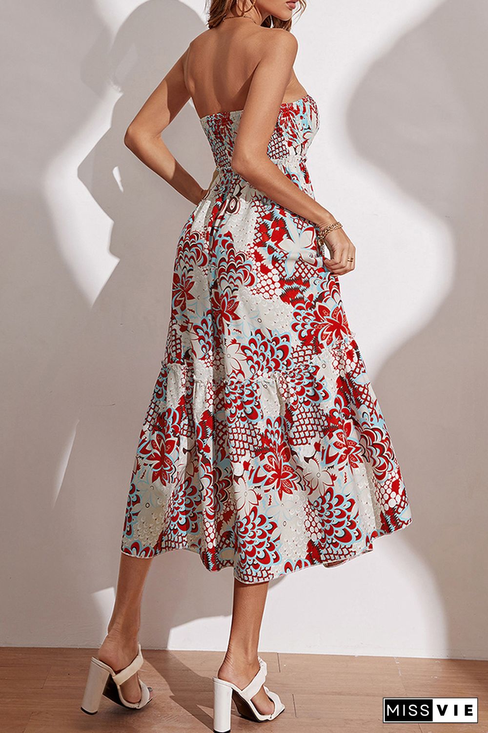 Strapless Smocked Bandeau High Waist Floral Midi Dress