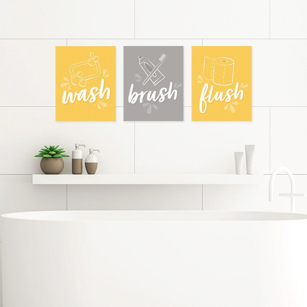 Big Dot Of Happiness Modern Yellow And Gray Unframed Wash Brush Flush Simple Decor Bathroom Wall Art 8 X 10 Inches Set Of 3 Prints