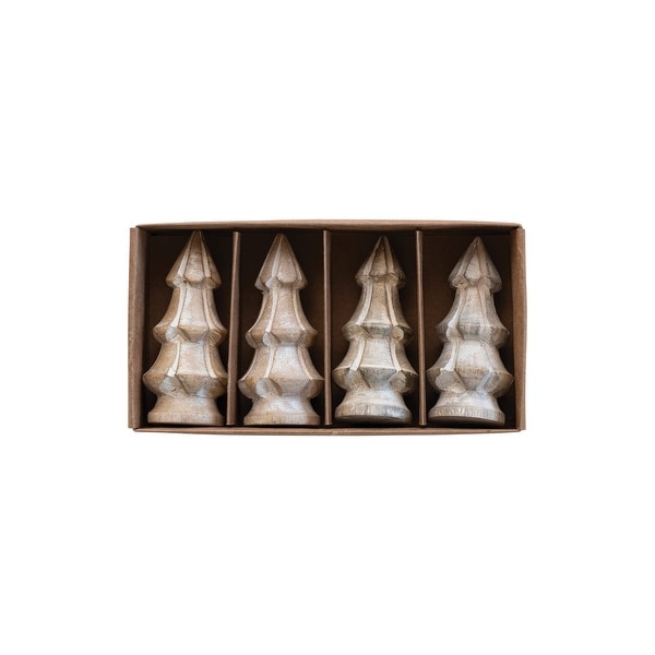 Carved Mango Wood Christmas Trees，Set of 4