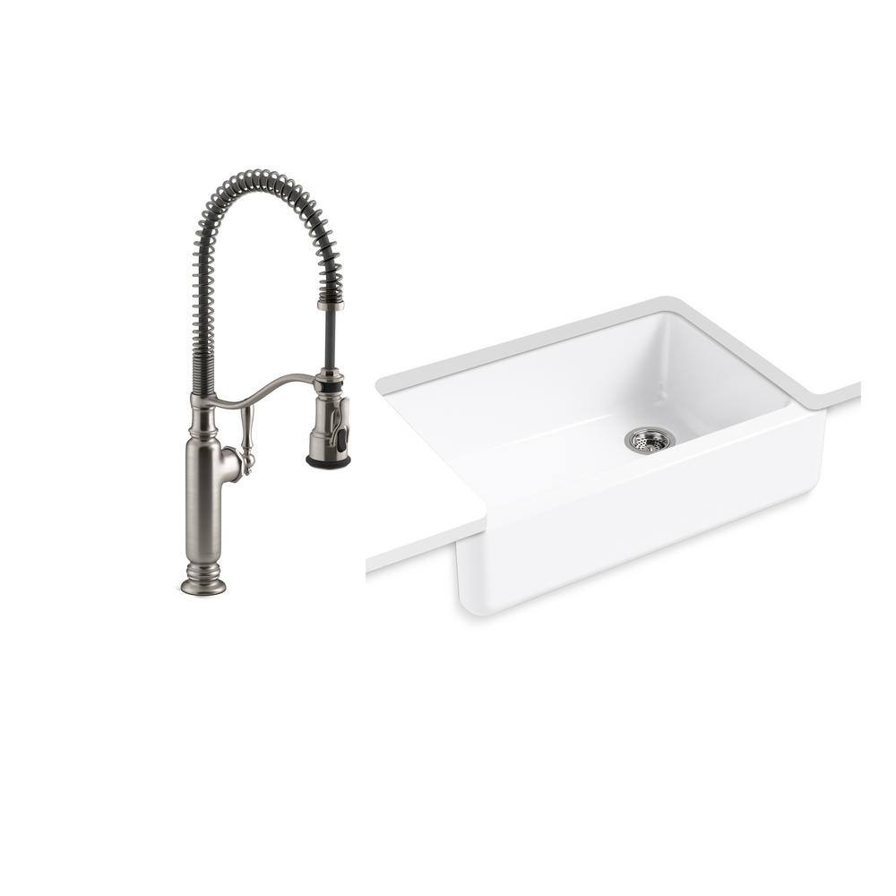 KOHLER Whitehaven All-in-One Undermount Cast Iron 33 in.  Kitchen Sink in White with Tournant Faucet in Stainless Steel 5827-0-77515-VS