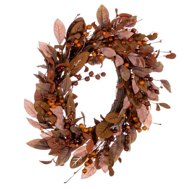 Artificial Light Brown Fall Berry And Wood Leaf Wreath