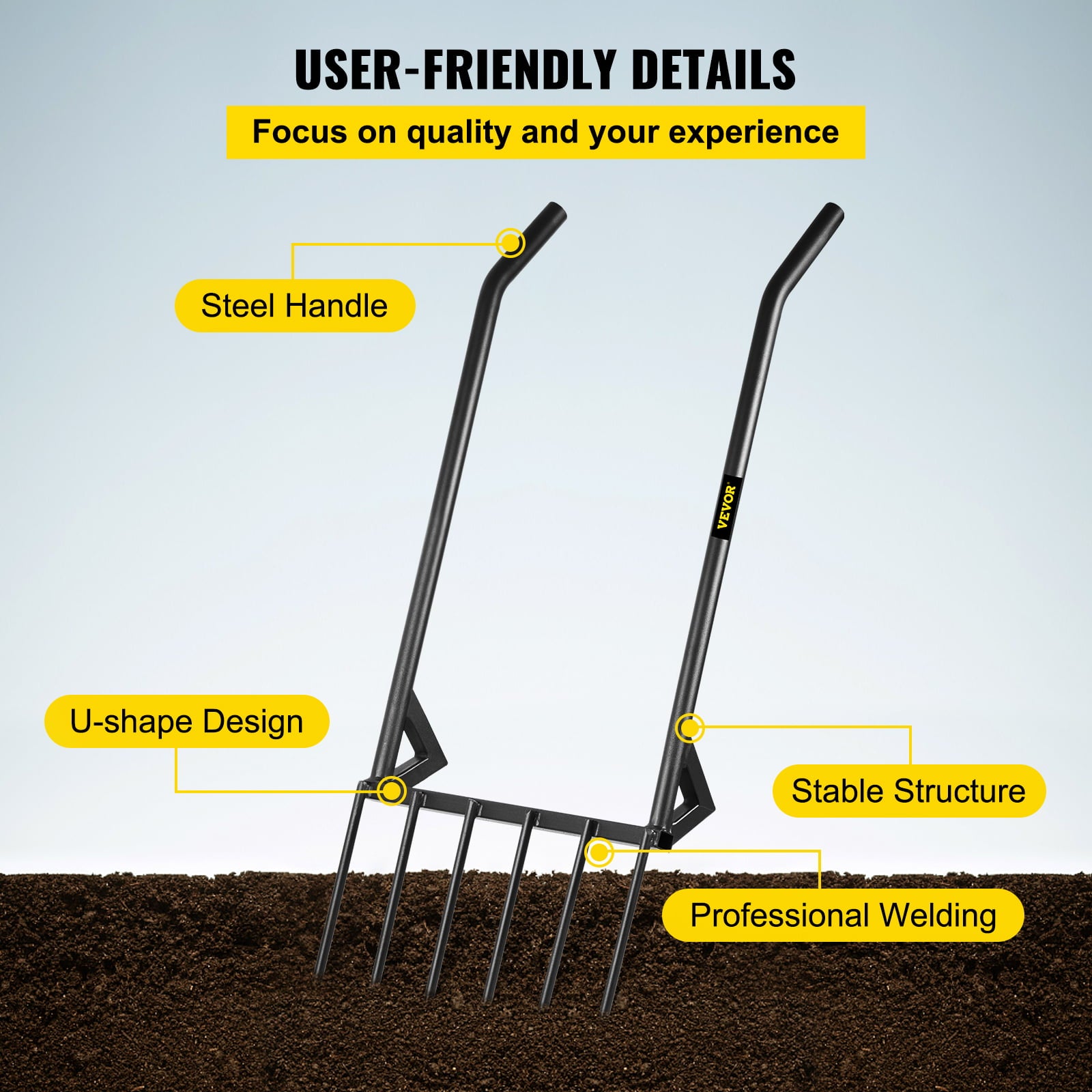 VEVOR Broad Fork Tool, 6 Tines Hand Tiller Broad fork, 20 Wide Broad fork Garden Tool, U-Shape Broad Fork Tiller with Steel Handle for Gardening and Cultivating, Aerate Clay Soil for Farm and Garden