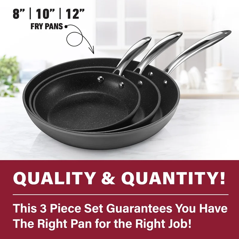 GRANITESTONE 7197 Professional 3-Piece Aluminum Ultra-Nonstick Hard Anodized Diamond Infused Fry Pan Set (8 in.， 10 in.， 12 in.)