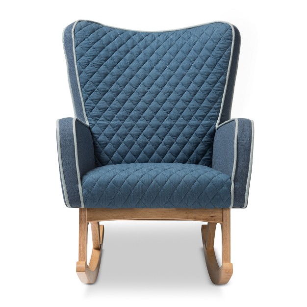 Zoelle Mid century Modern Fabric Upholstered Natural Finished Rocking Chair Blue light Brown Baxton Studio