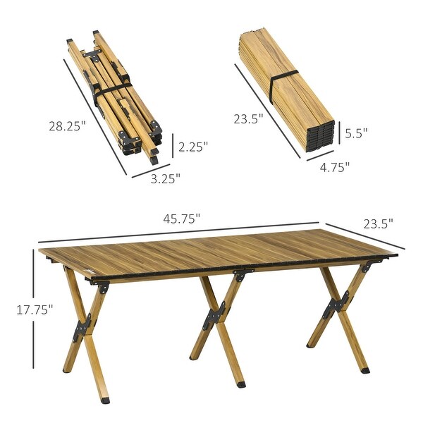 Outsunny 4ft Aluminum Camping Table，Folding RollUp Picnic Table with Carry Bag，Waterproof and Woodgrain Finish