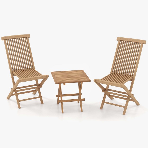 Costway 3pcs Patio Bistro Set Square Table Teak Wood Folding Chair Slatted Tabletop Seat