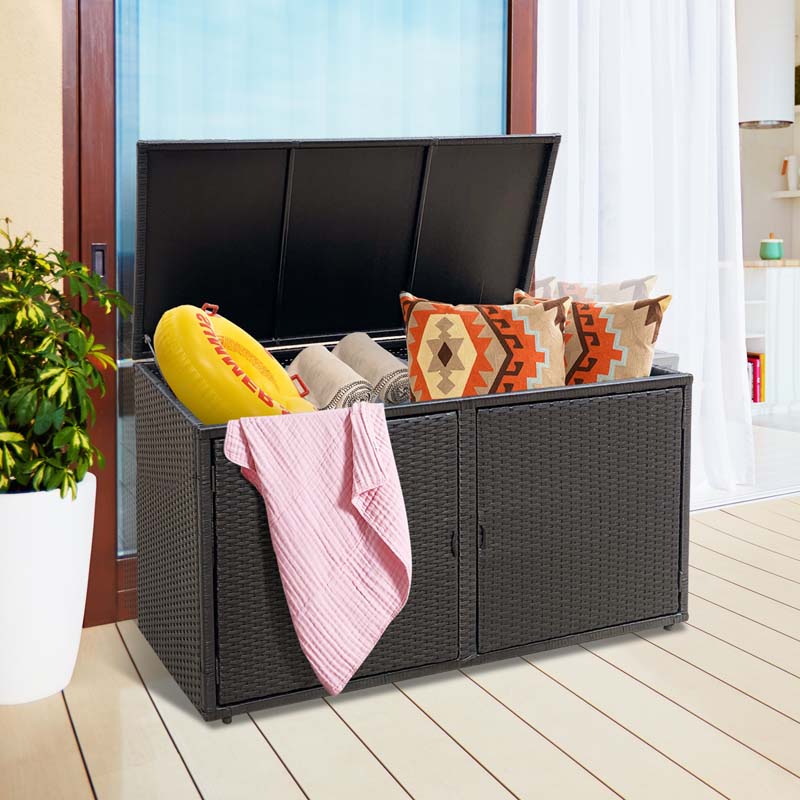 88 Gallon Patio Wicker Storage Box Rattan Deck Bench with Openable Door