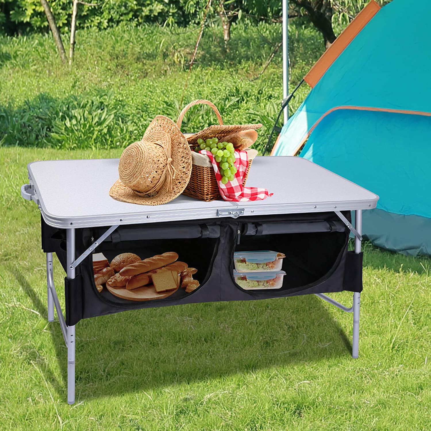 REDCAMP 4 Foot Folding Table Adjustable Height with Mesh Storage Organizer， Lightweight Portable Camping Table for Picnic Cooking Outdoor Indoor， White 24 x 48 inches