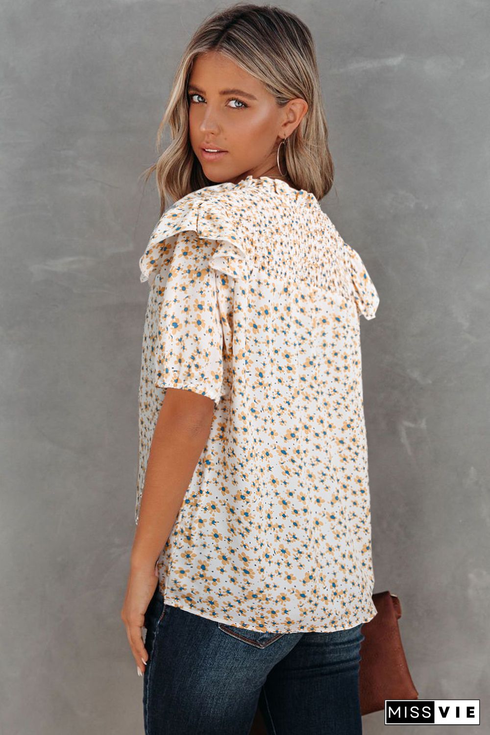 Yellow Floral Print Smocked Ruffled V Neck T-shirt