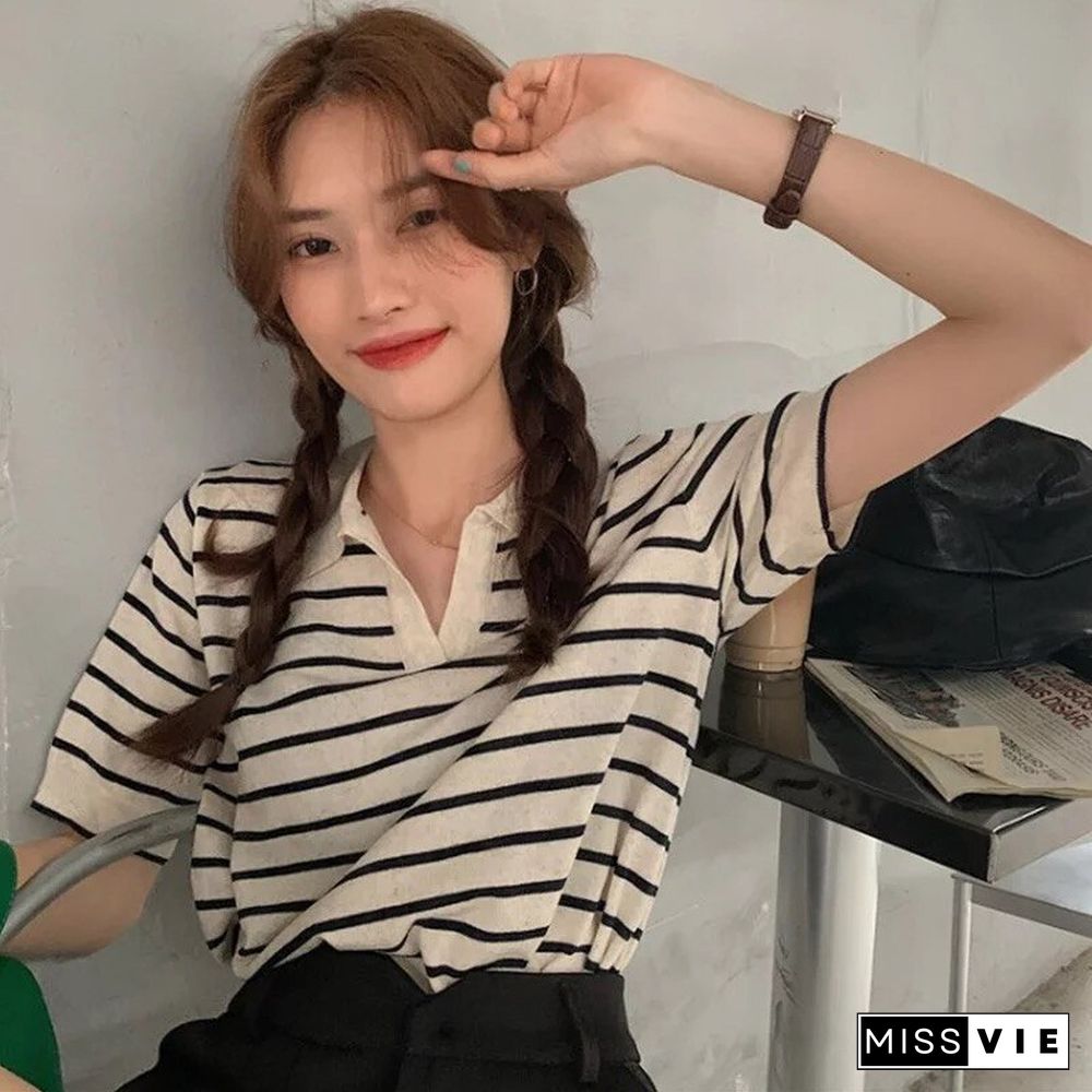 Summer Classic Striped Knit T-Shirts Women Vintage V Neck Short Sleeve BF Tops Ladies Loose Elasticity Tee Female Streetwear2021