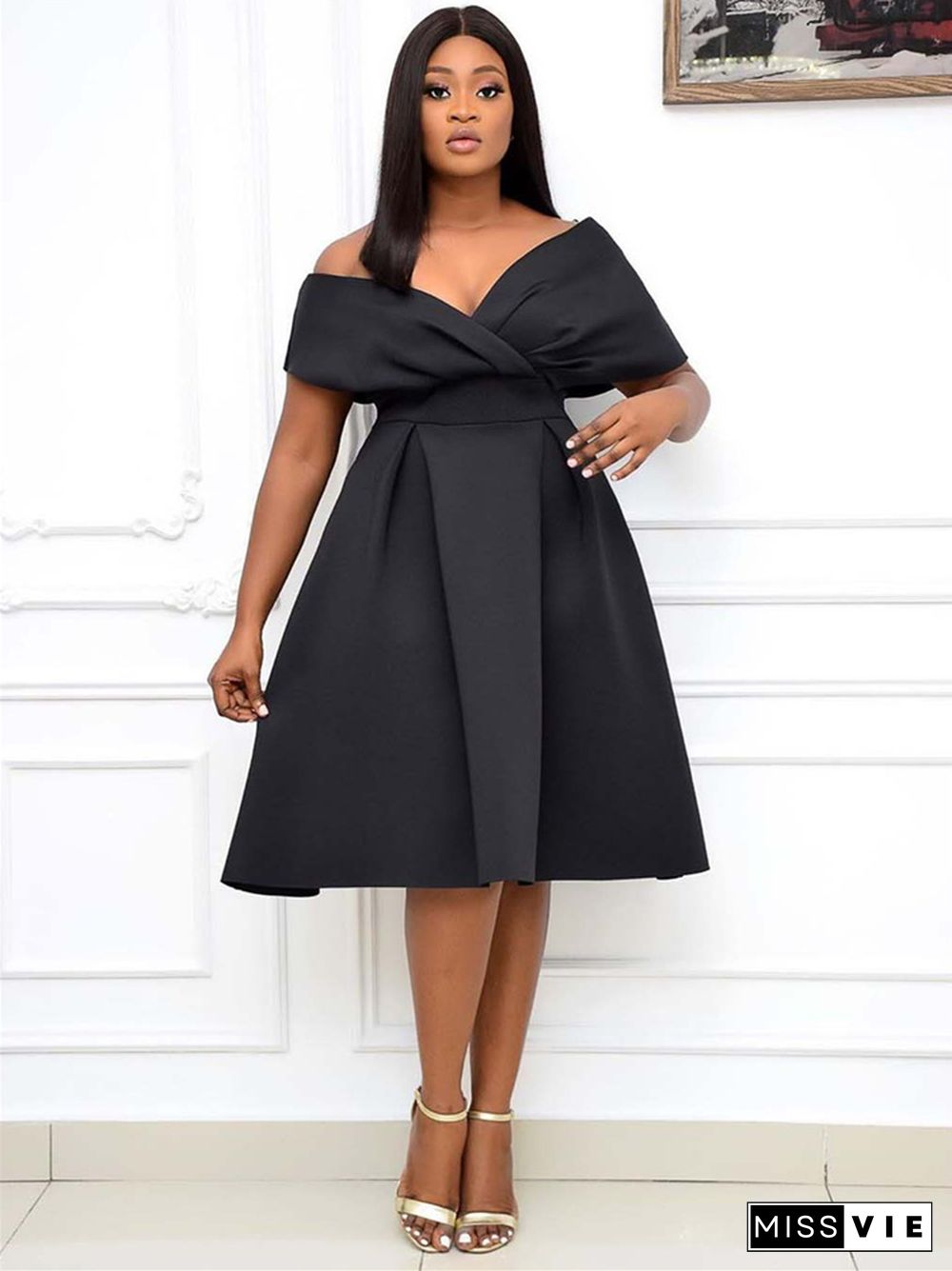 Large Women's Short Sleeve V-neck Off Shoulder Evening Dress Black Dresses