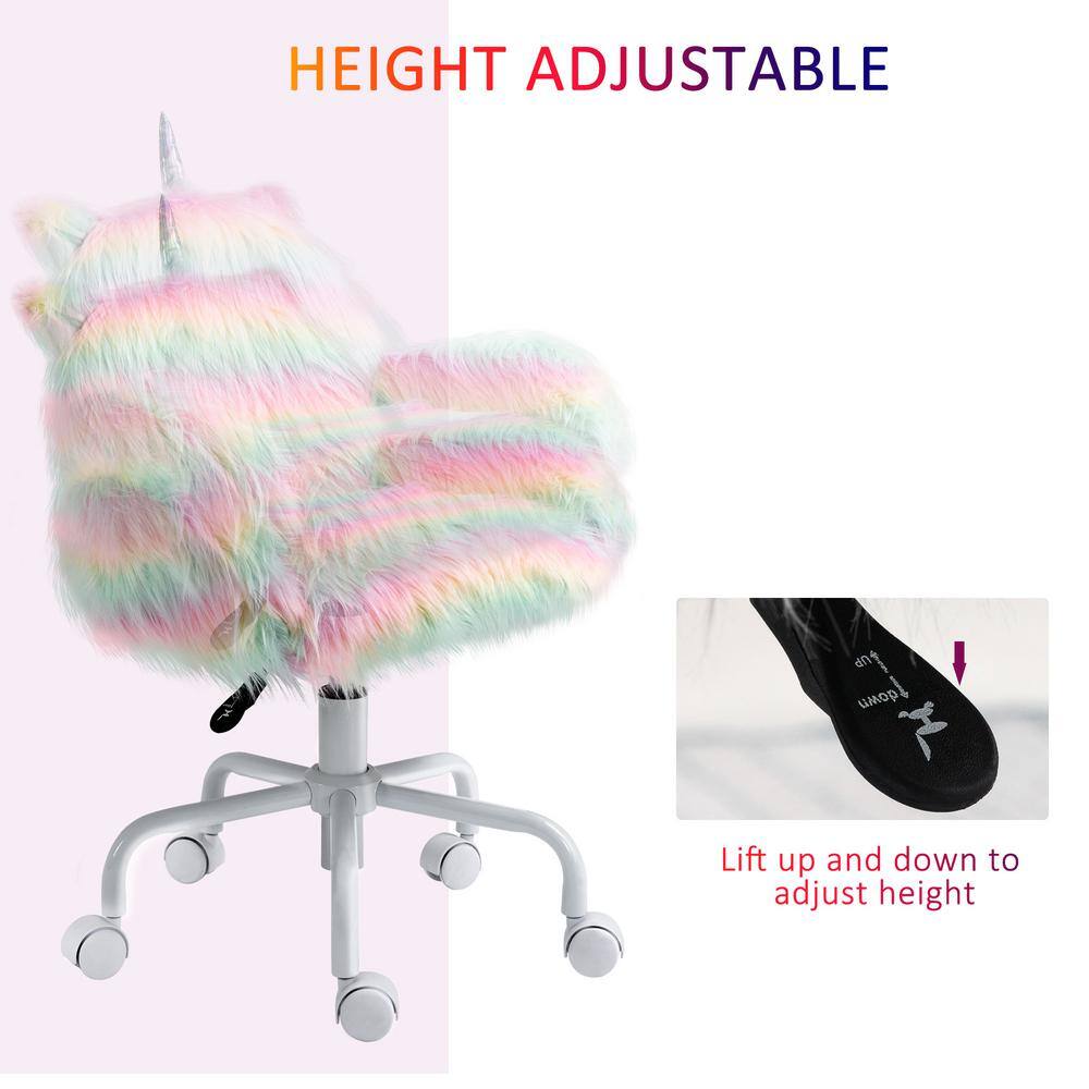 HOMCOM Rainbow color Faux Fur Unicorn Office Chair with Mid-Back and Armrest Support 833-940