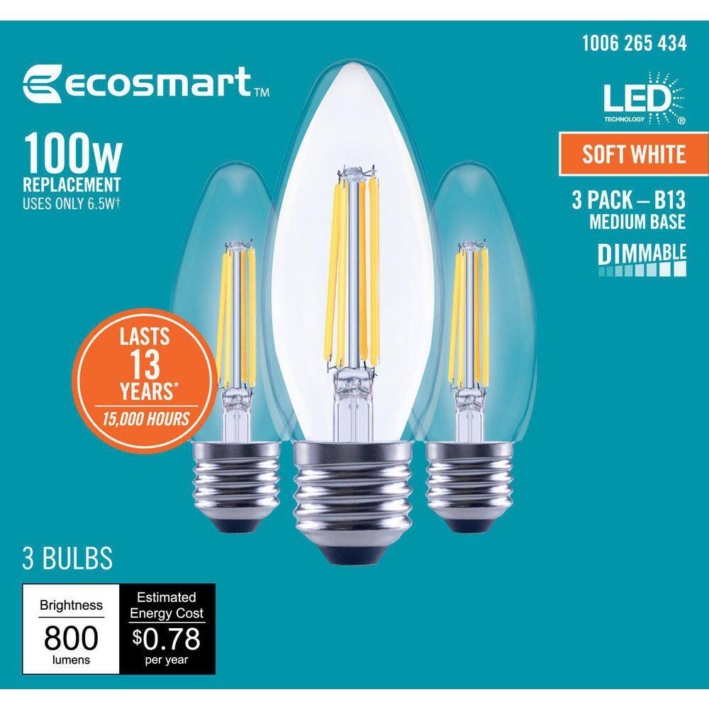 EcoSmart 100-Watt Equivalent B13 Blunt Tip Dimmable Candle E26 Base Clear Glass LED Vintage Edison Light Bulb Soft White (3-Pack) FG-04220