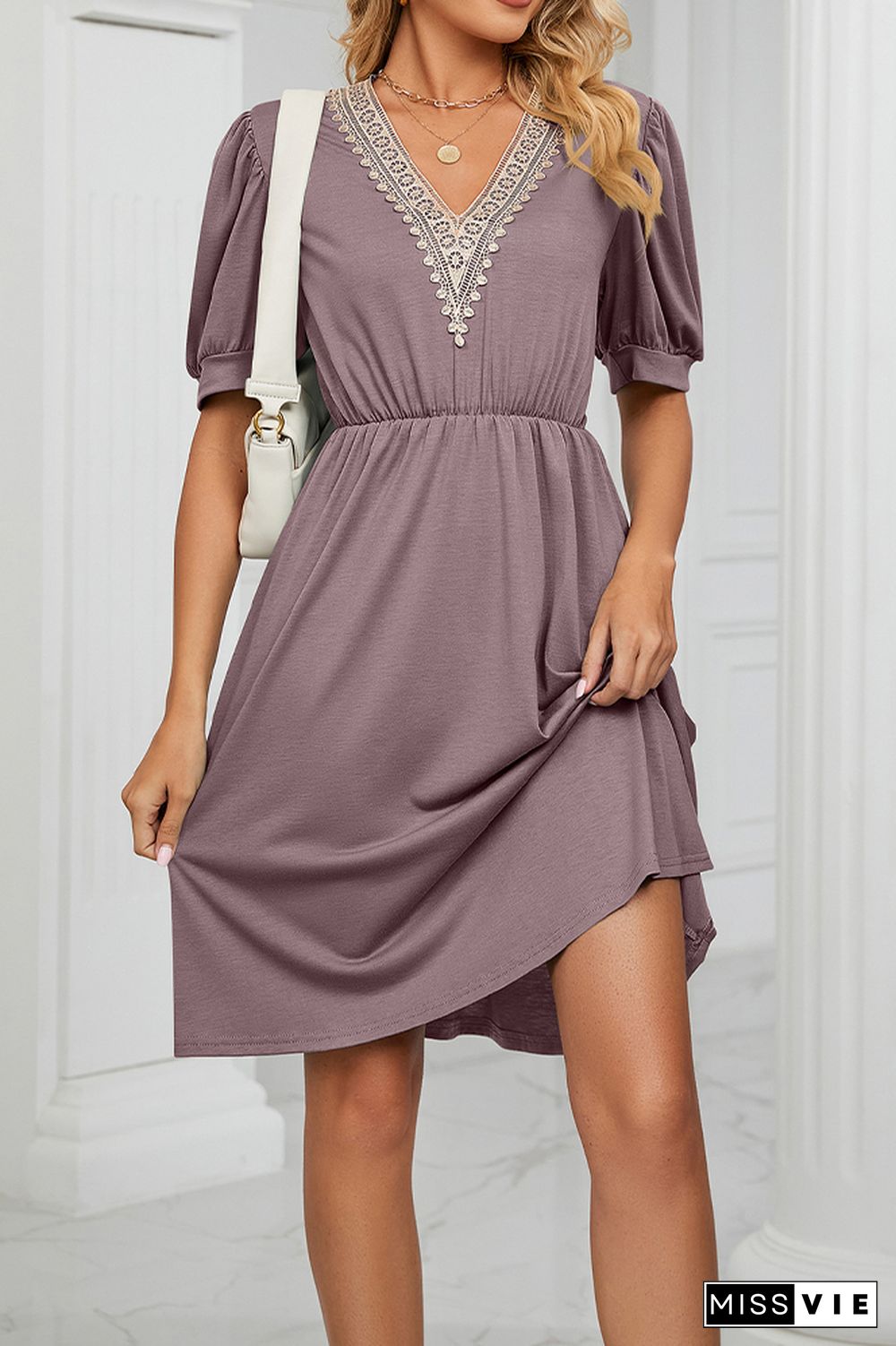 V Neck Lace Edge Pockets T-Shirt Dress