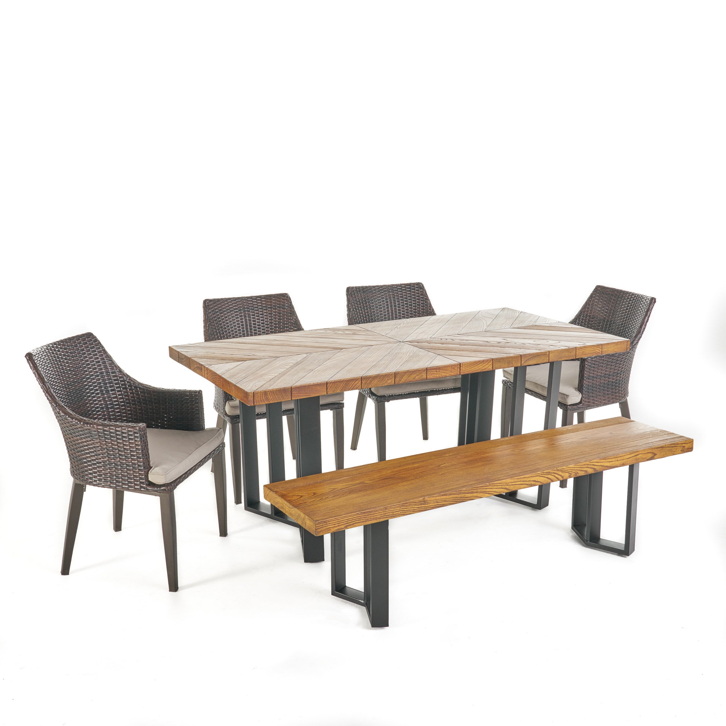 Valby Outdoor 6 Piece Wicker Dining Set with Concrete Dining Table and Bench