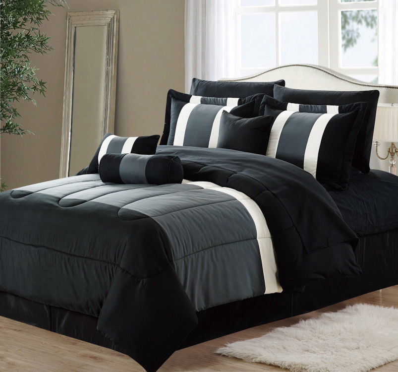 8-Piece Oversized Black and Gray Comforter Set Bedding with Sheet Set (California King Size)