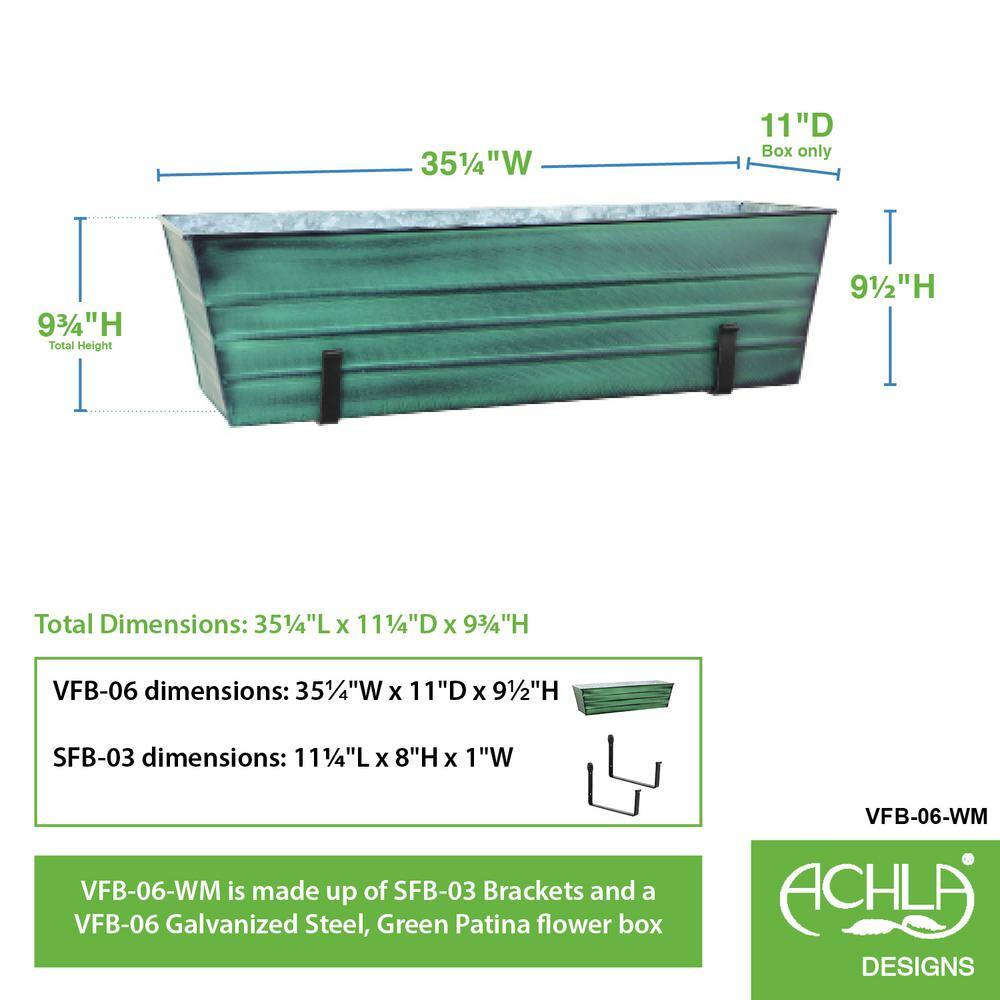 ACHLA DESIGNS 35.25 in. W Green Large Galvanized Steel Flower Box with Wall Brackets VFB-06-WM