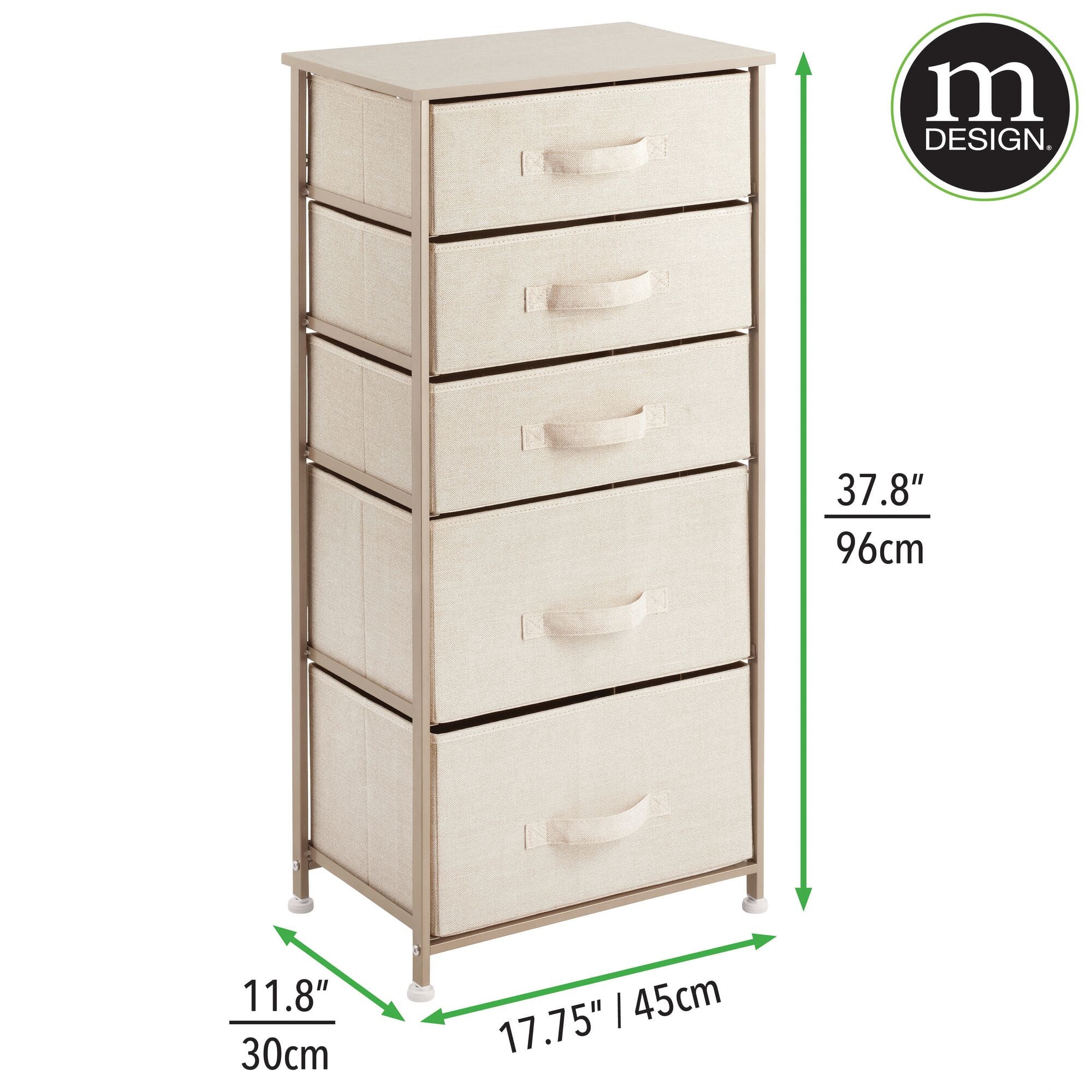 mDesign Storage Dresser Furniture Unit - Tall Standing Organizer Tower for Bedroom, Office, Living Room, and Closet - 5 Drawer Removable Fabric Bins - Cream/Gold