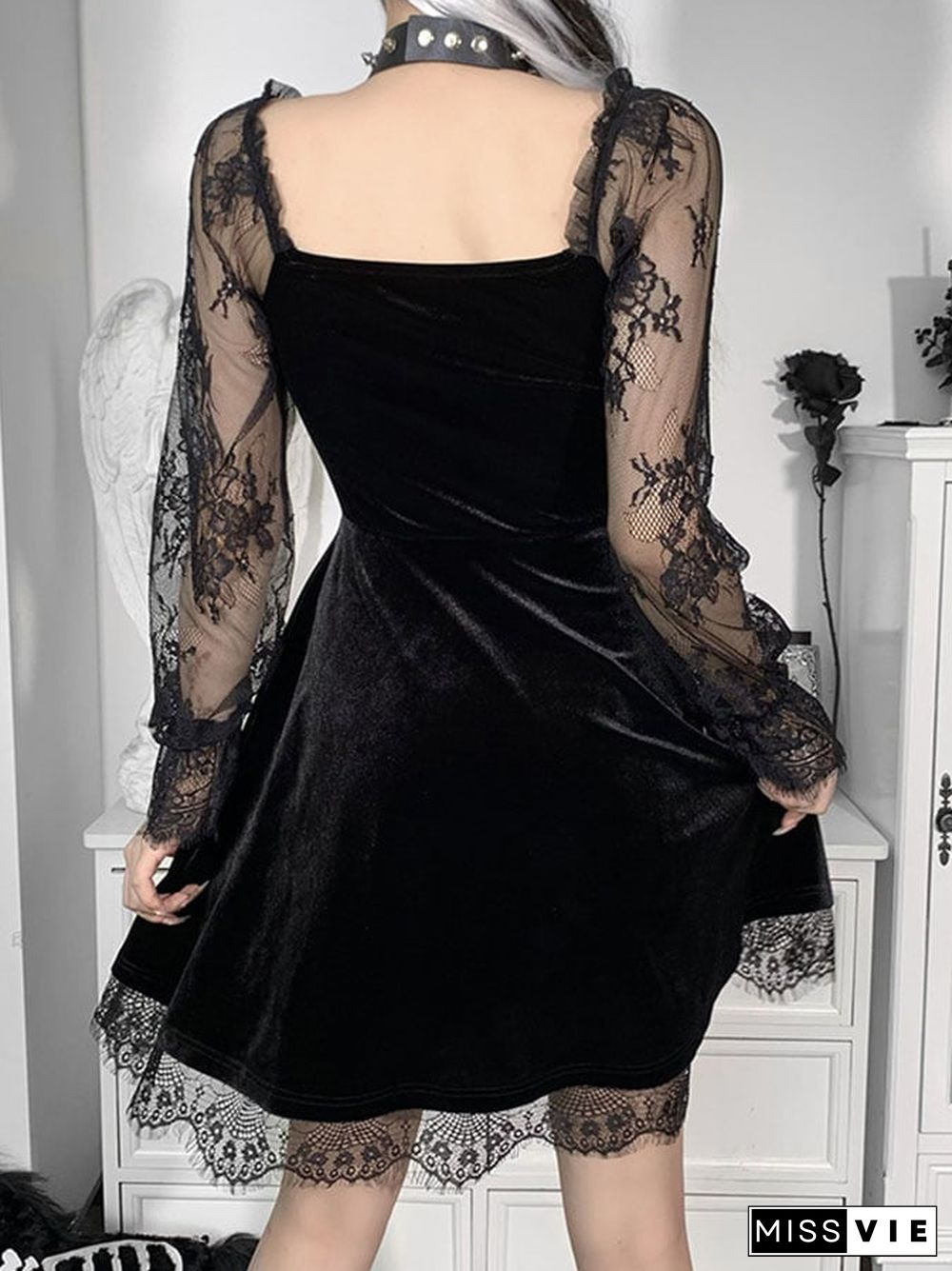 Sexy Lace Panel Flared Long Sleeve Dress