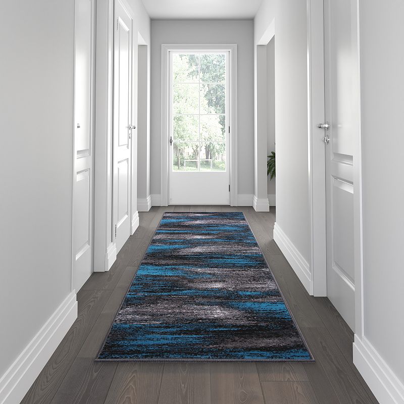 Emma and Oliver Oakland 2x10 Ultra Soft Shaded Look Olefin Accent Runner in Gray， Black and Blue with Natural Jute Backing