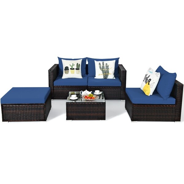 Gymax 5PCS Cushioned Rattan Patio Conversation Set w/ Ottoman Navy