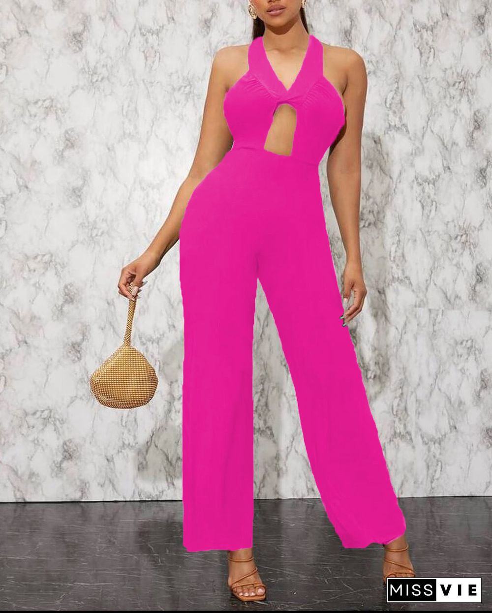 Halter Tie Up Cut Out Backless Wide Leg Jumpsuit