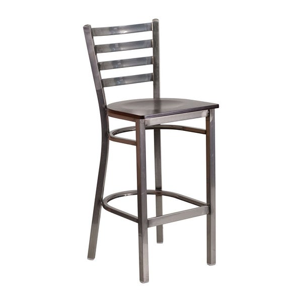 Offex Clear Coated Ladder Back Metal Restaurant Barstool - Walnut Wood Seat