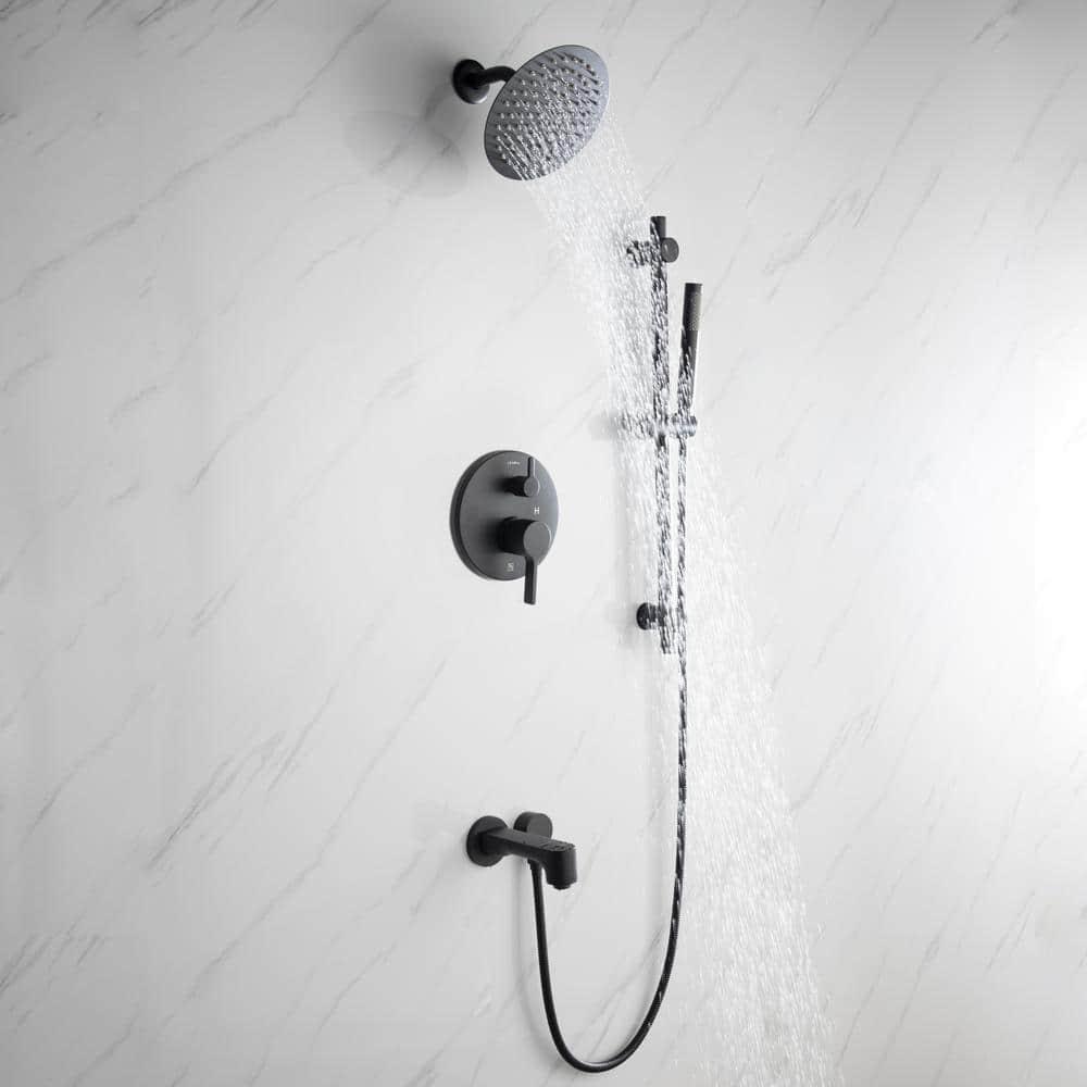 Lexora Luviah 1Spray Tub and Shower Faucet Combo with Round Showerhead and Handheld Shower Wand in Matte Black