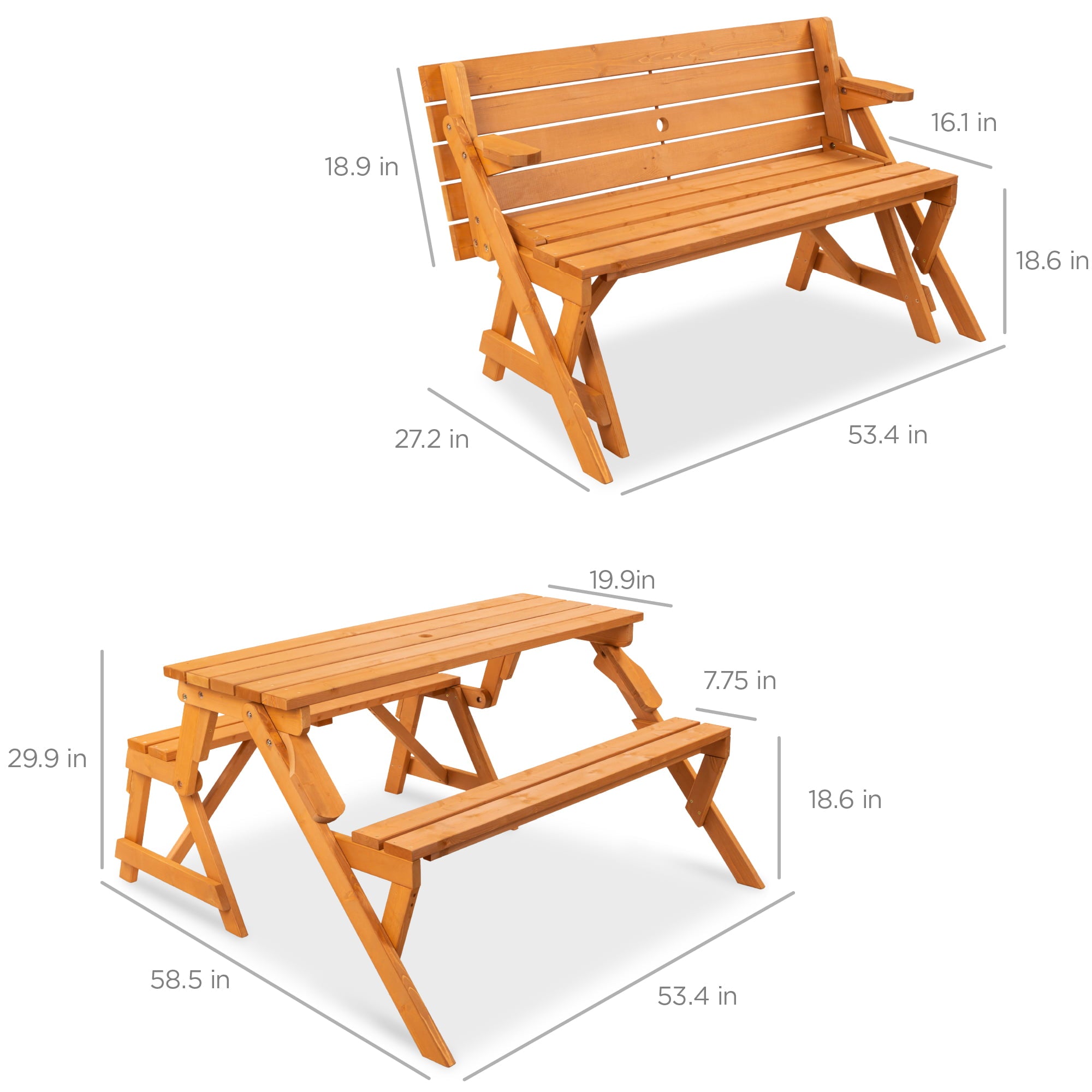 Best Choice Products 2-in-1 Outdoor Interchangeable Wooden Picnic Table/Garden Bench for w/ Umbrella Hole - Natural