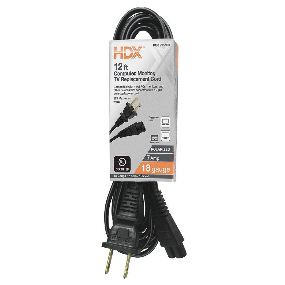 HDX 12 ft. 182 Light Duty Computer Monitor TV Replacement Cord Black HWHAC18212