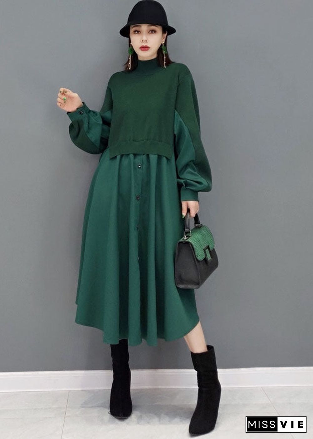 Women Green Stand Collar Patchwork Knit Cotton Shirt Dress Long Sleeve