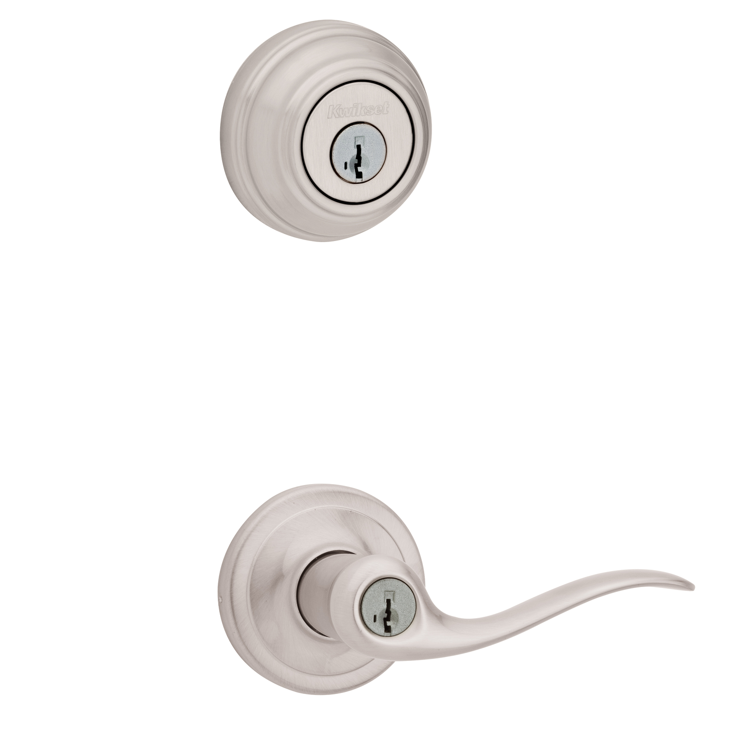 Kwikset SmartKey Tustin Satin Nickel Entry Lever and Deadbolt Set KW1 1-3/4 in.