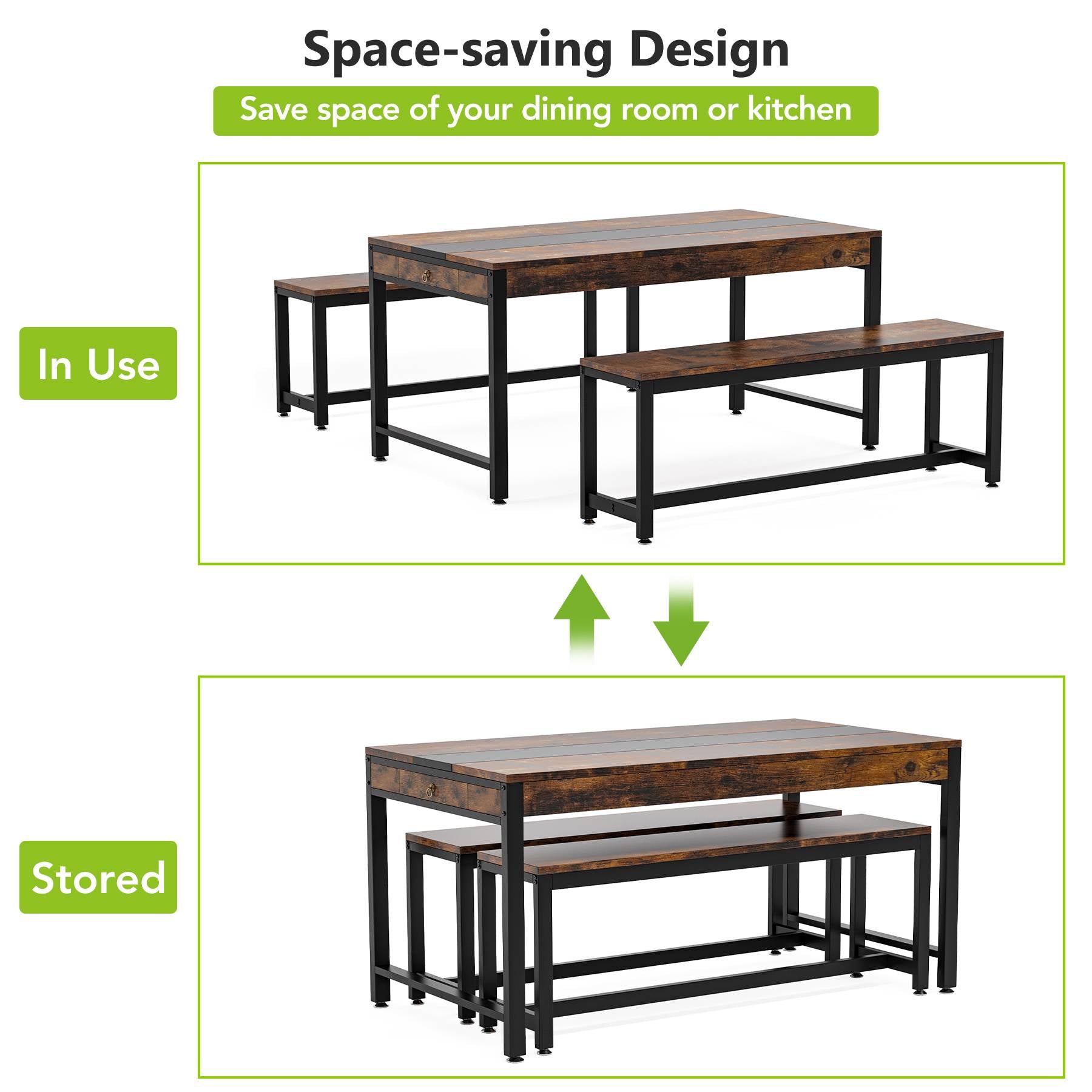 Dining Table Set, Kitchen Breakfast Table with 2 Benches & Sided Drawer