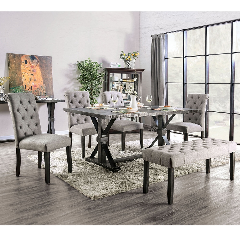 Chalwa Rustic Wood Upholstered 6 Piece Dining Set with Table and 4 Chairs and 1 Bench by Copper Grove