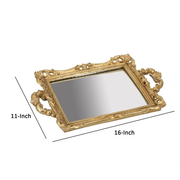 16 Inch Serving Tray， Decorative， Mirrored Bottom， Carved Gold Frame