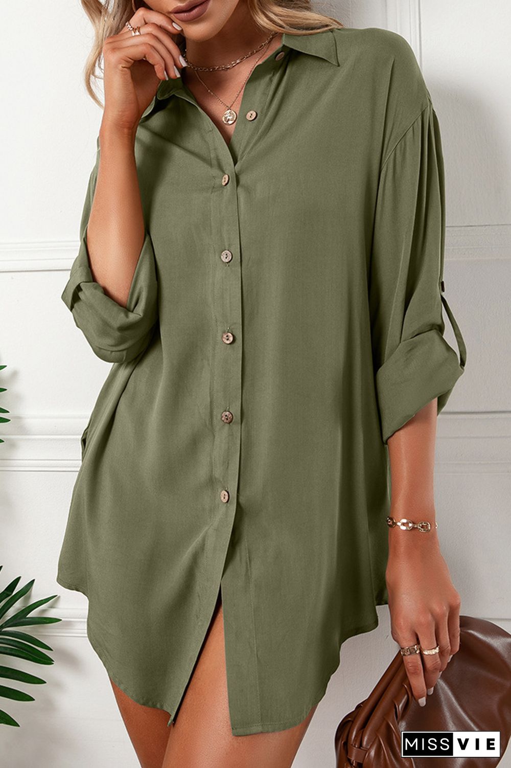 Casual Solid Buckle Turndown Collar Shirt Dress (6 Colors)