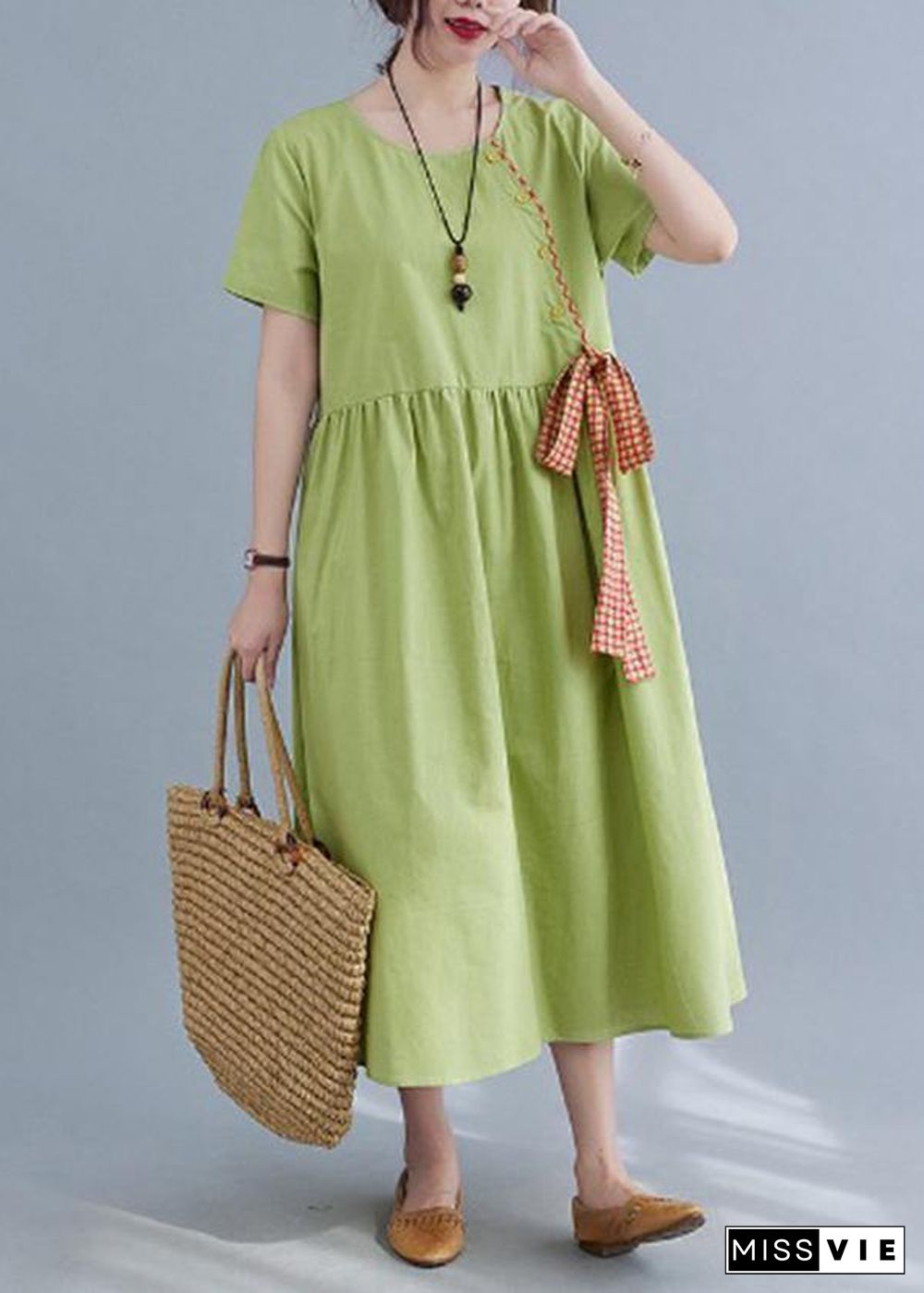 Handmade Green Loose Cotton Linen Summer Party Dress