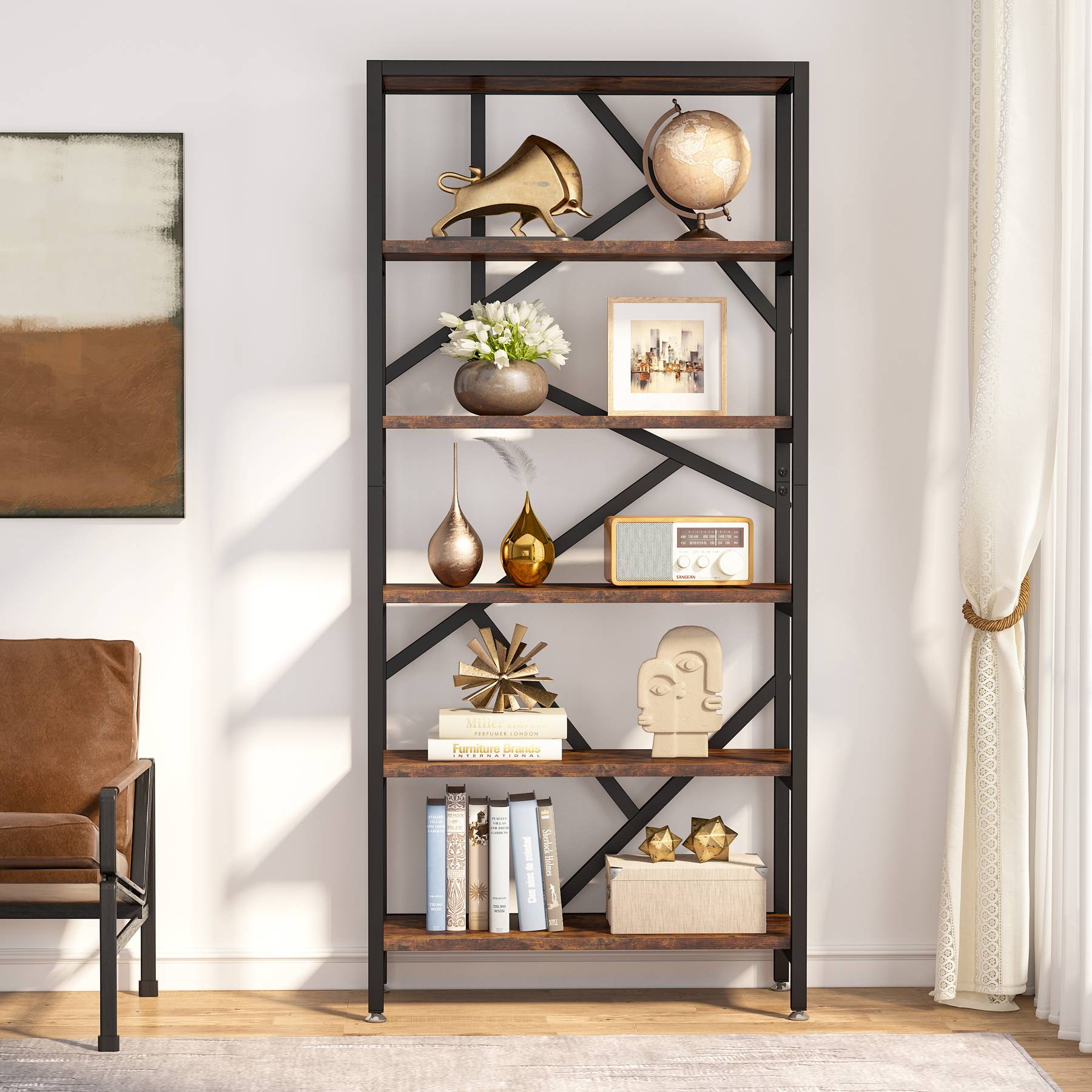 71 Bookshelf, Industrial Etagere Bookcase 6 Shelf Display Rack