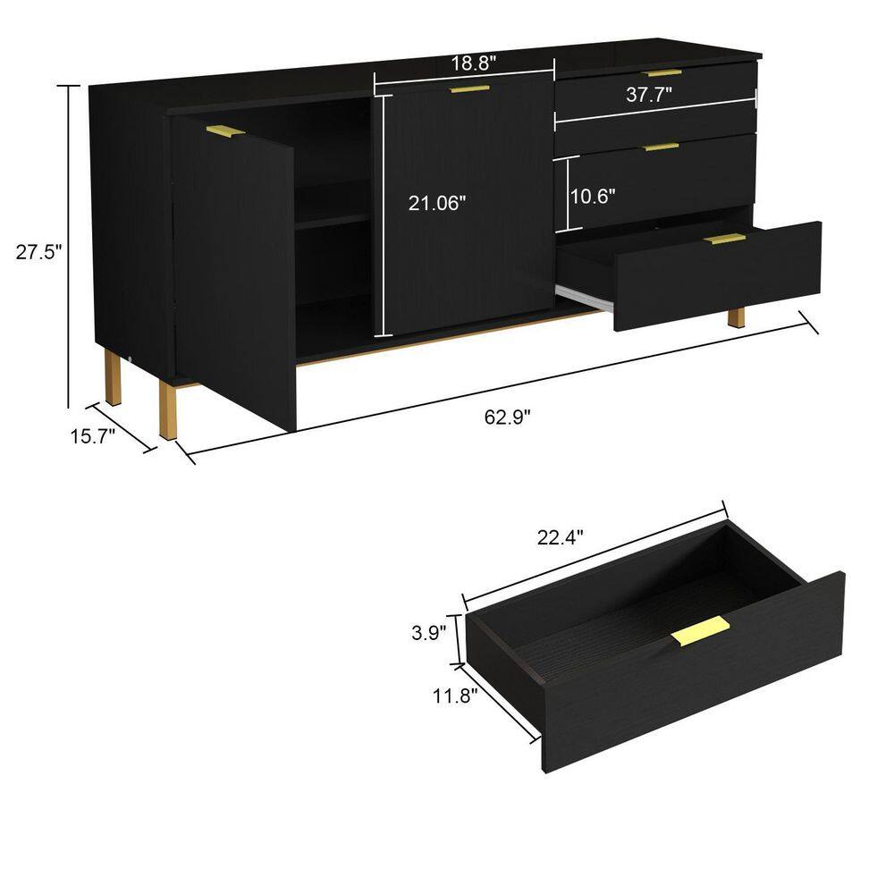 FUFUGAGA 62.9 in. W Black Paint Sideboard Kitchen Buffet Cupboard with Drawers and Shelves Metal Legs KF200156-01-cc