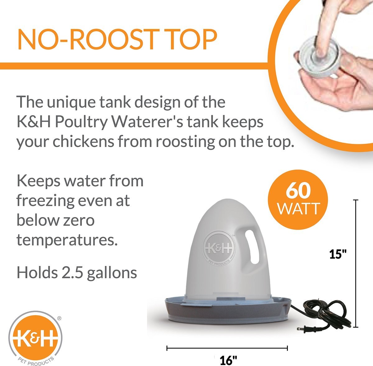 KandH Pet Products Heated Thermo-Poultry Waterer， 2.5-gallon