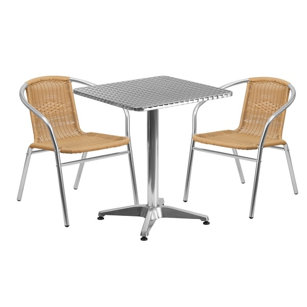 23.5'' Square Aluminum IndoorOutdoor Table Set with 2 Rattan Chairs