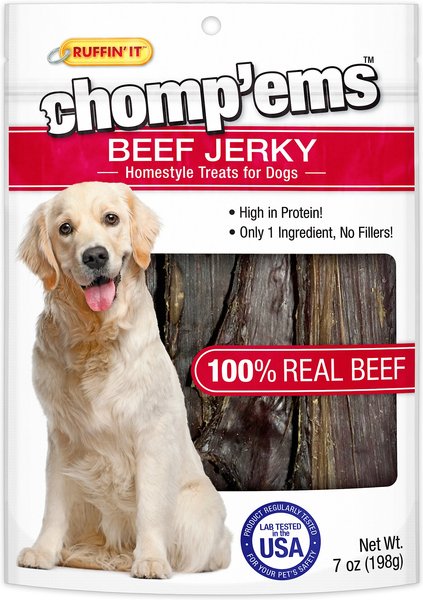 RUFFIN' IT Chomp'Ems Beef Jerky Dog Treats， 7-oz bag