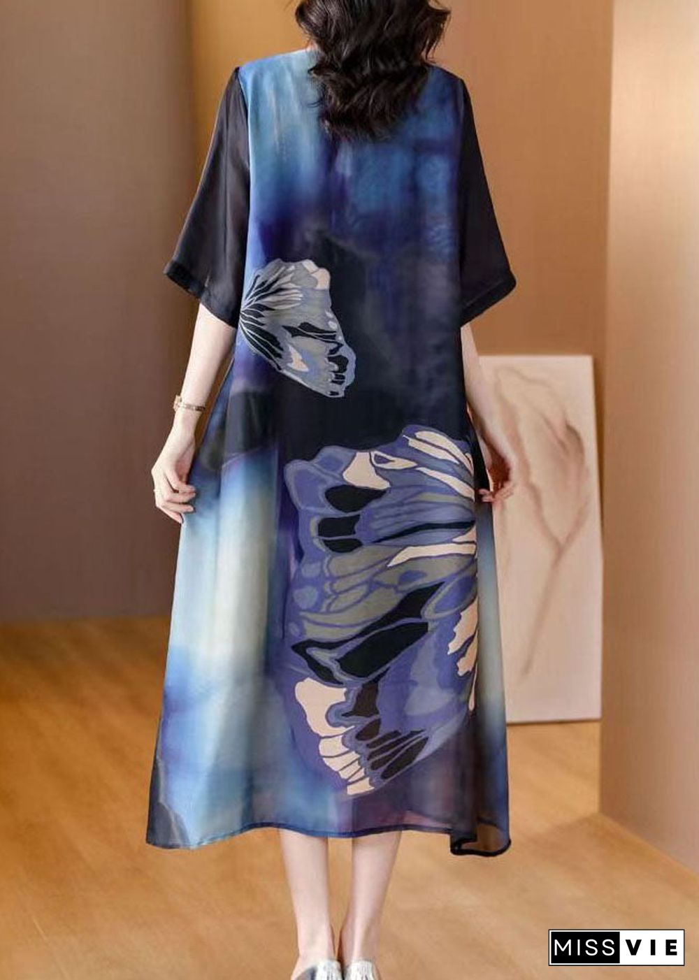 Italian Blue O Neck Print Patchwork Slim Silk Dresses Summer