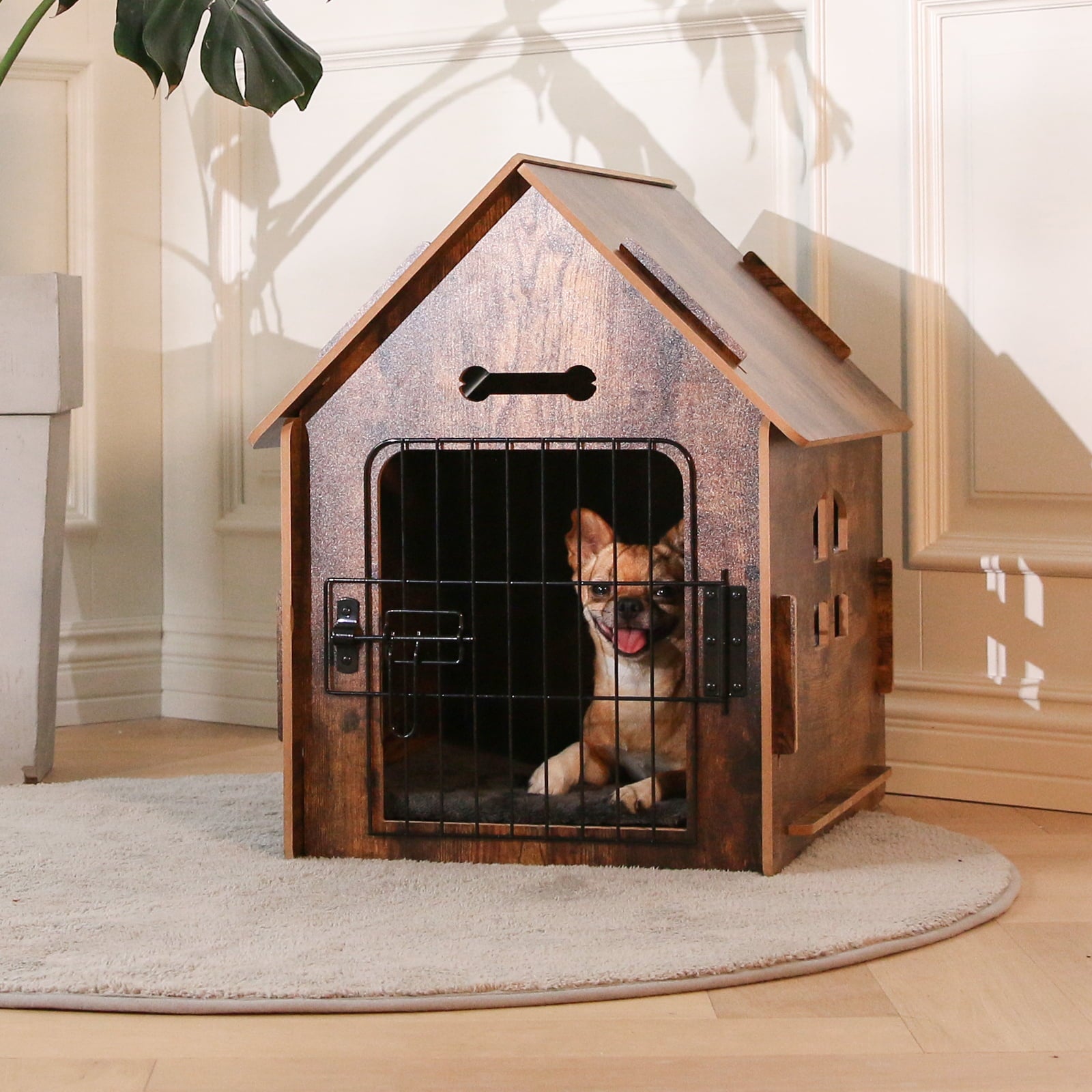 RYPetmia Wooden Dog House with Roof Dogs Indoor and Outdoor Use for Small Medium Dog Cat， Dog Kennel for Playing and Resting， Brown