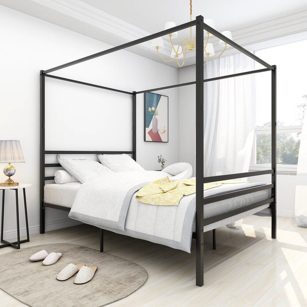 Metal Canopy Bed Frame  Stable and durable metal platform   Queen Black