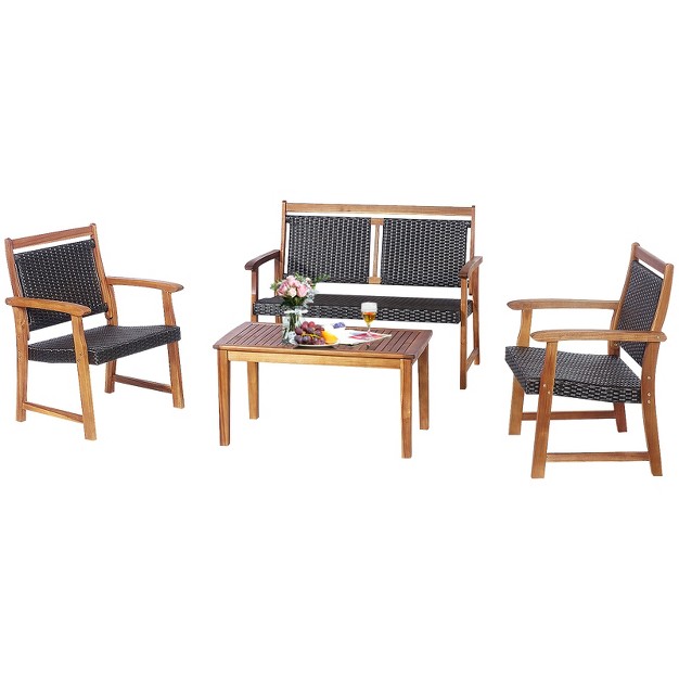 Tangkula 4pcs Patio Rattan Furniture Set Cushioned Loveseat amp Table Set W acacia Wood Frame